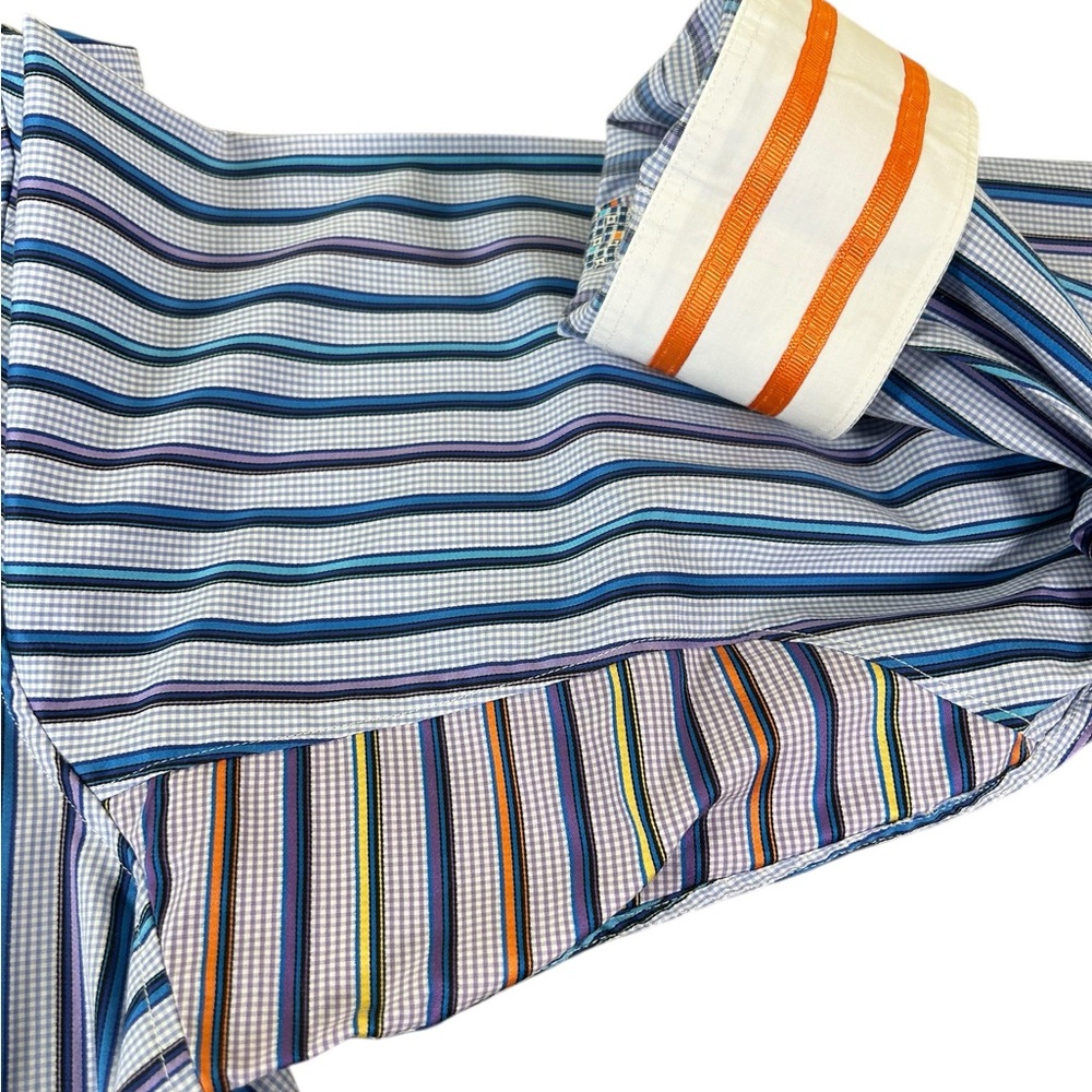 ROBERT GRAHAM Flip Cuff Striped Gingham Button Down Shirt Blue Purple 2XL - Picture 7 of 16